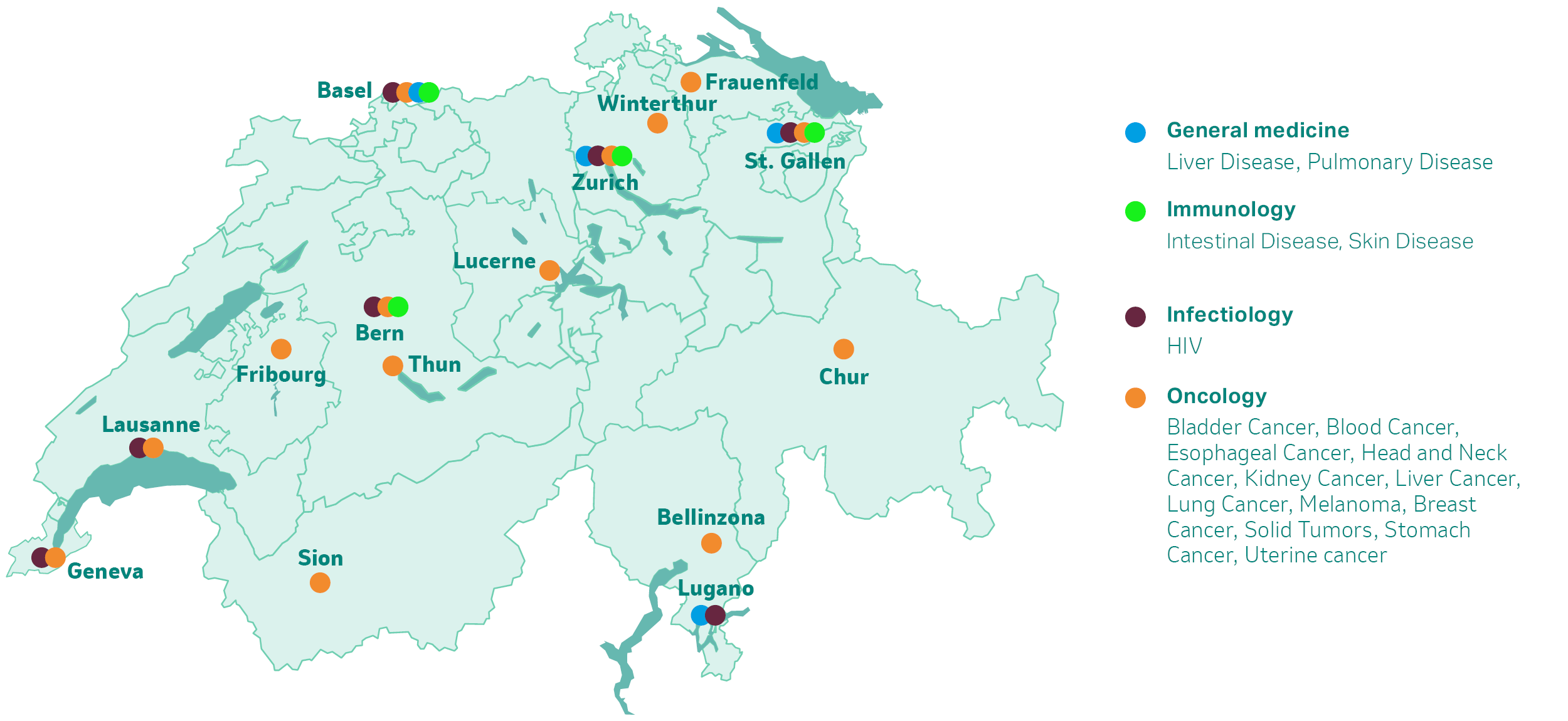 Map: MSD Switzerland clinical trial sites (as of 04/2024)